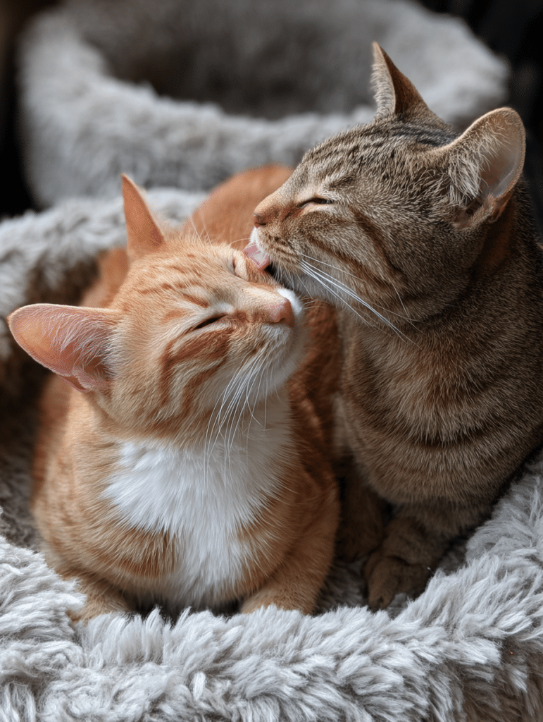 Two cats grooming behavior