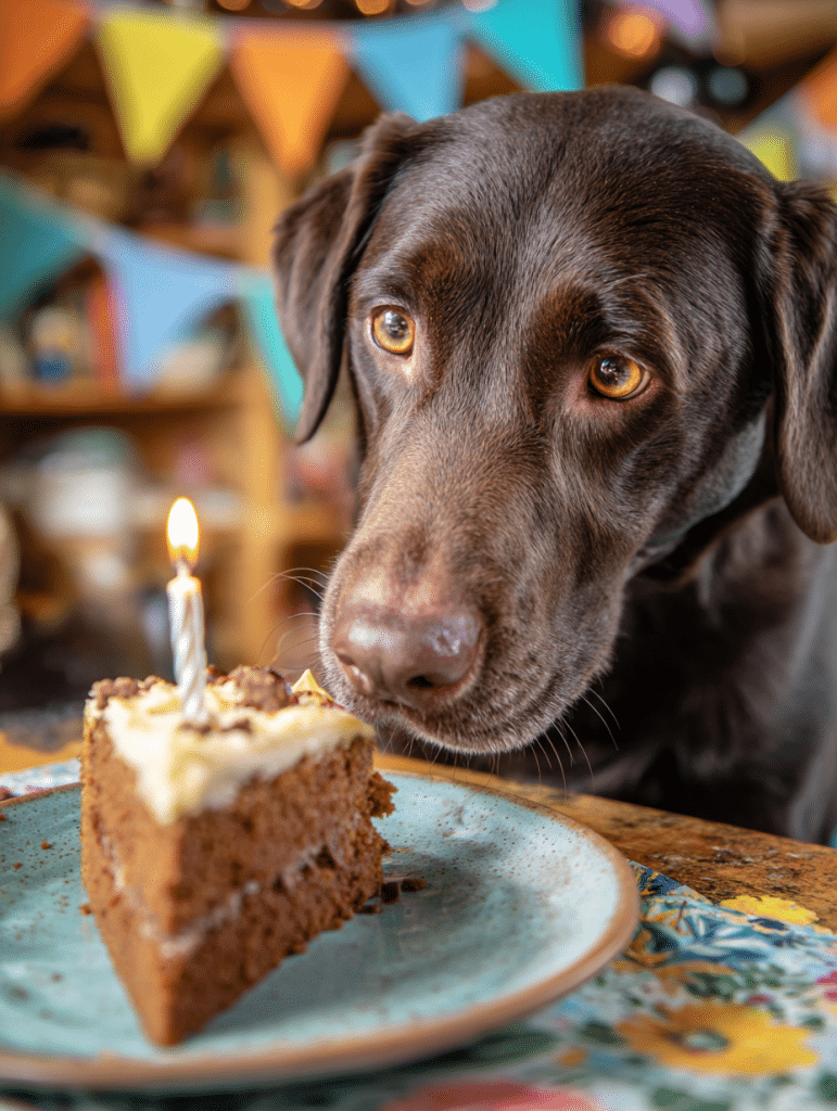 Dog Birthday Cake: Easy, Safe, and Celebratory Recipes 5 Dog sniffing birthday cake slice with peanut butter icing