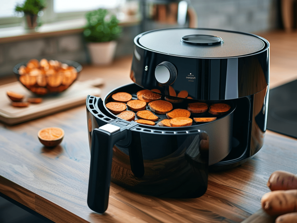 How to Make Dehydrated Sweet Potato Dog Treats (Dehydrator, Oven & Air Fryer) 5 Sweet potato slices dehydrating in an air fryer basket for dog treats