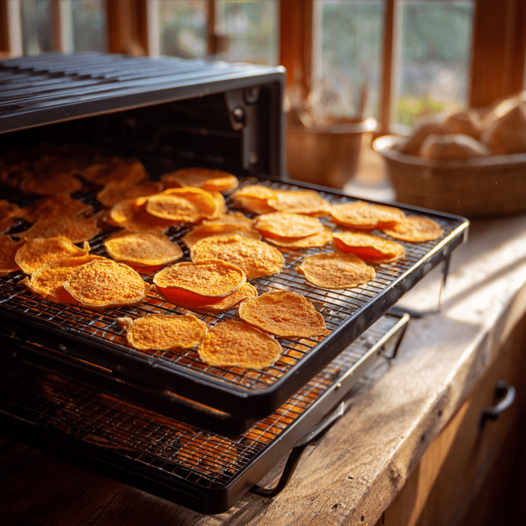 How to Make Dehydrated Sweet Potato Dog Treats (Dehydrator, Oven & Air Fryer) 3 Sweet potato slices drying in a food dehydrator for dog treats