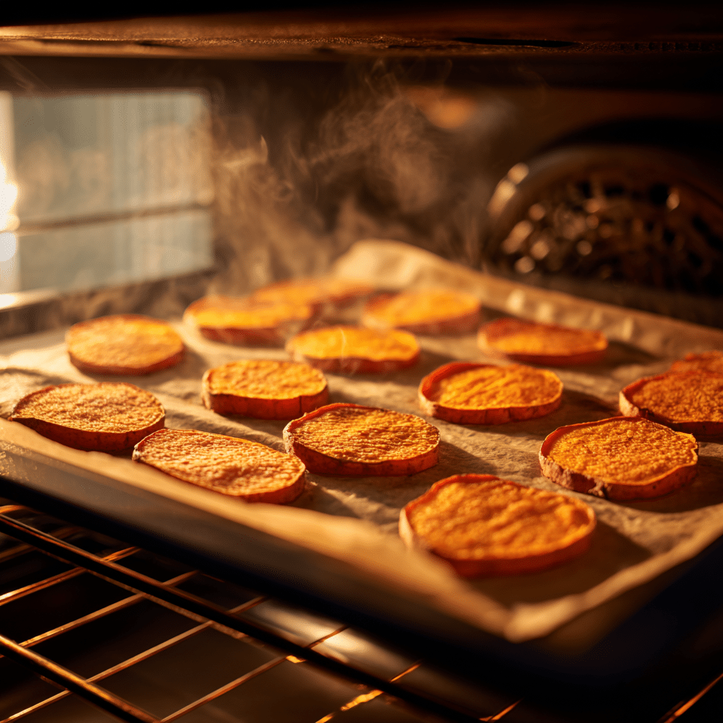 How to Make Dehydrated Sweet Potato Dog Treats (Dehydrator, Oven & Air Fryer) 4 Sweet potato slices baking in oven for dehydrated dog treats