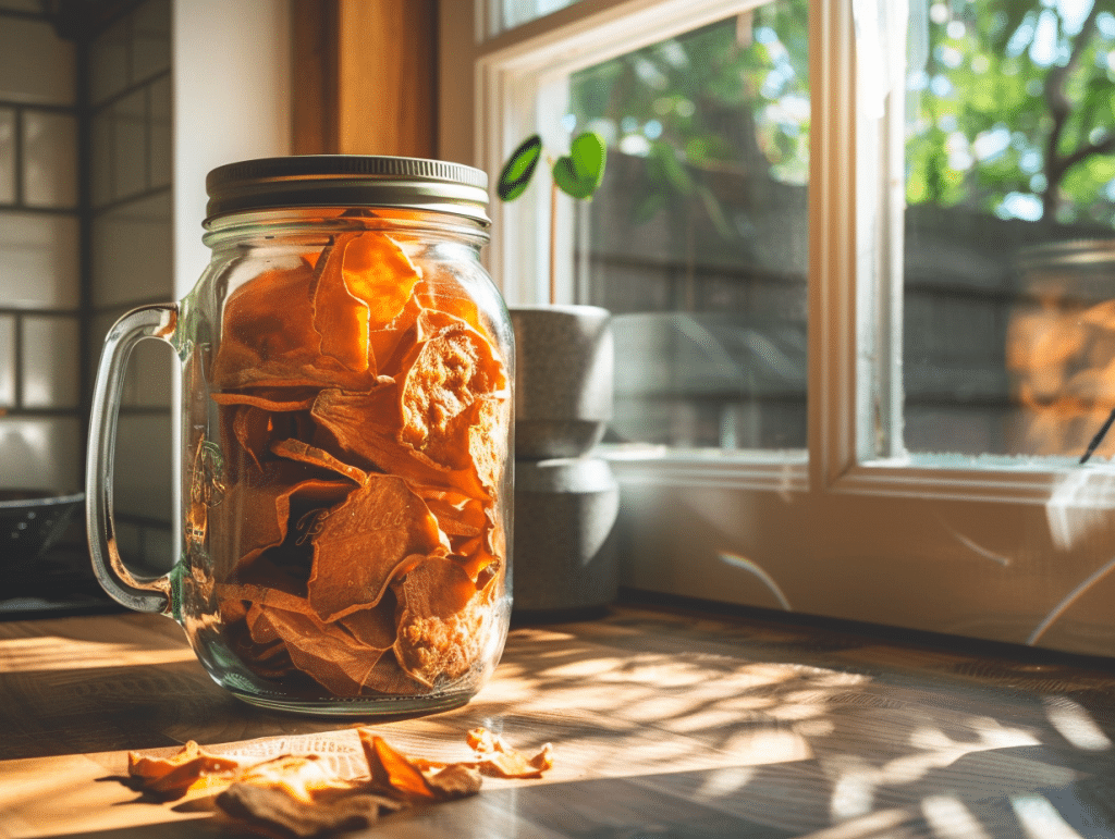 How to Make Dehydrated Sweet Potato Dog Treats (Dehydrator, Oven & Air Fryer) 7 Homemade sweet potato dog treats stored in airtight glass jar