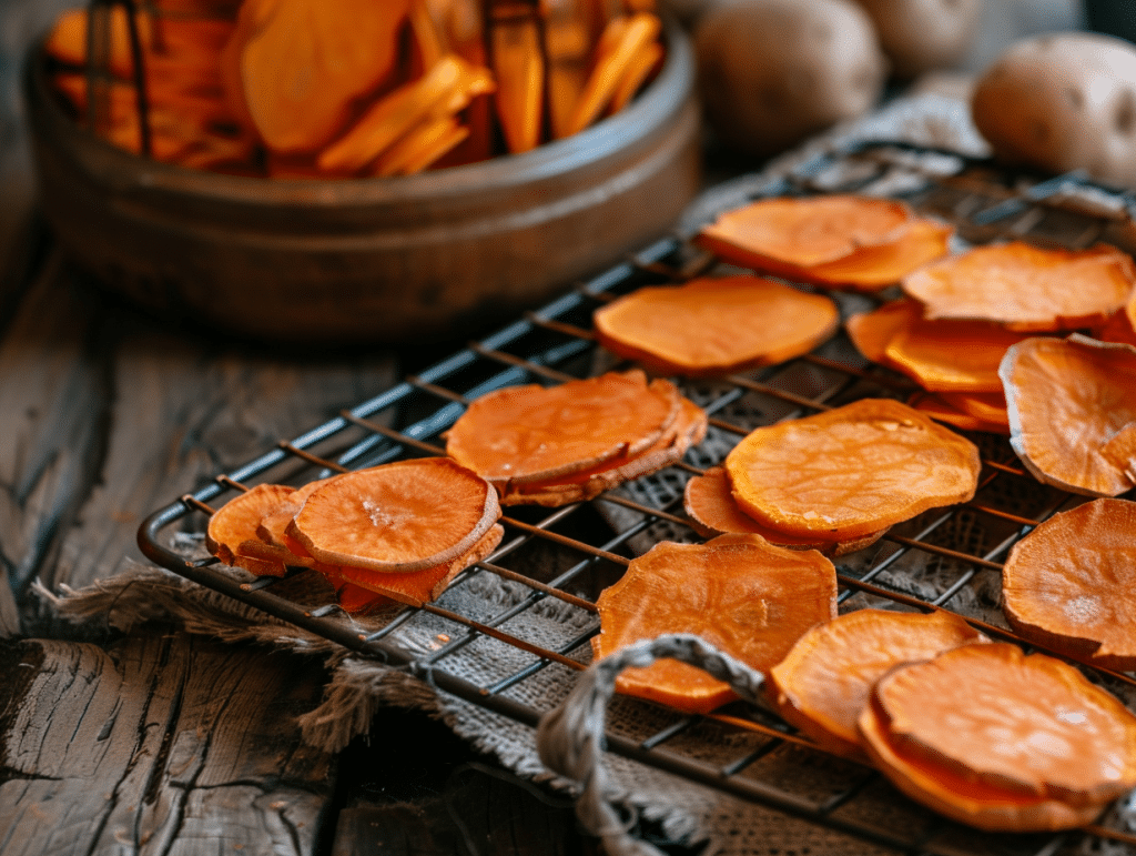 How to Make Dehydrated Sweet Potato Dog Treats (Dehydrator, Oven & Air Fryer) 6 Sweet potato dog treats cooling on wire rack before storage
