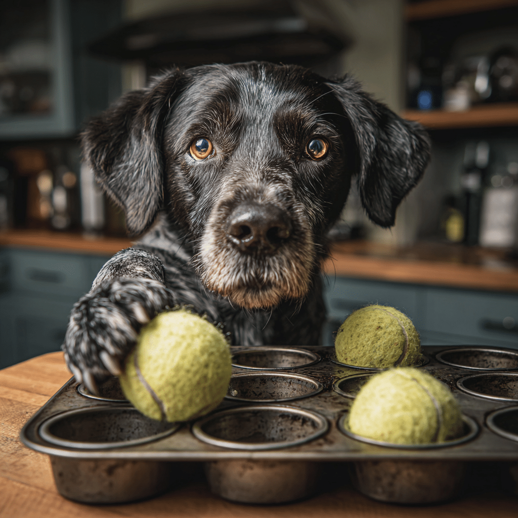 10 Mental Stimulation Games That Tire Out Dogs (Brain Work = Calm Dog) 3 dog playing DIY muffin tin treat game