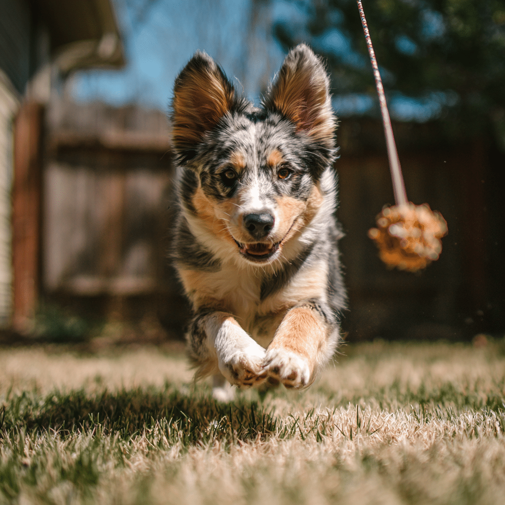 15 Proven Ways to Tire Out a Dog (Indoors, Outdoors & Without Walking) 6 Dog chasing flirt pole in backyard