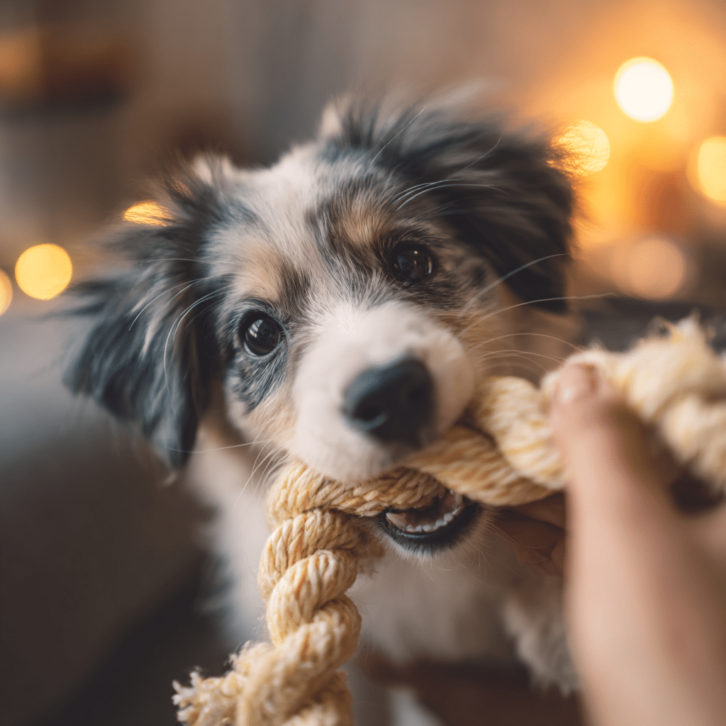 puppy playing gentle tug before bed