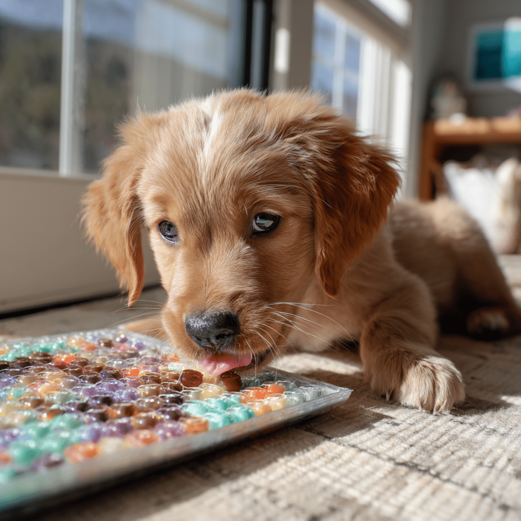 puppy using lick mat before bed