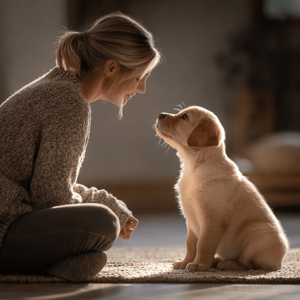 owner teaching puppy to sit before bedtime