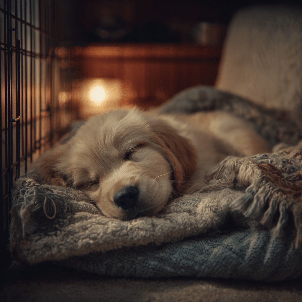 puppy sleeping peacefully in crate at night