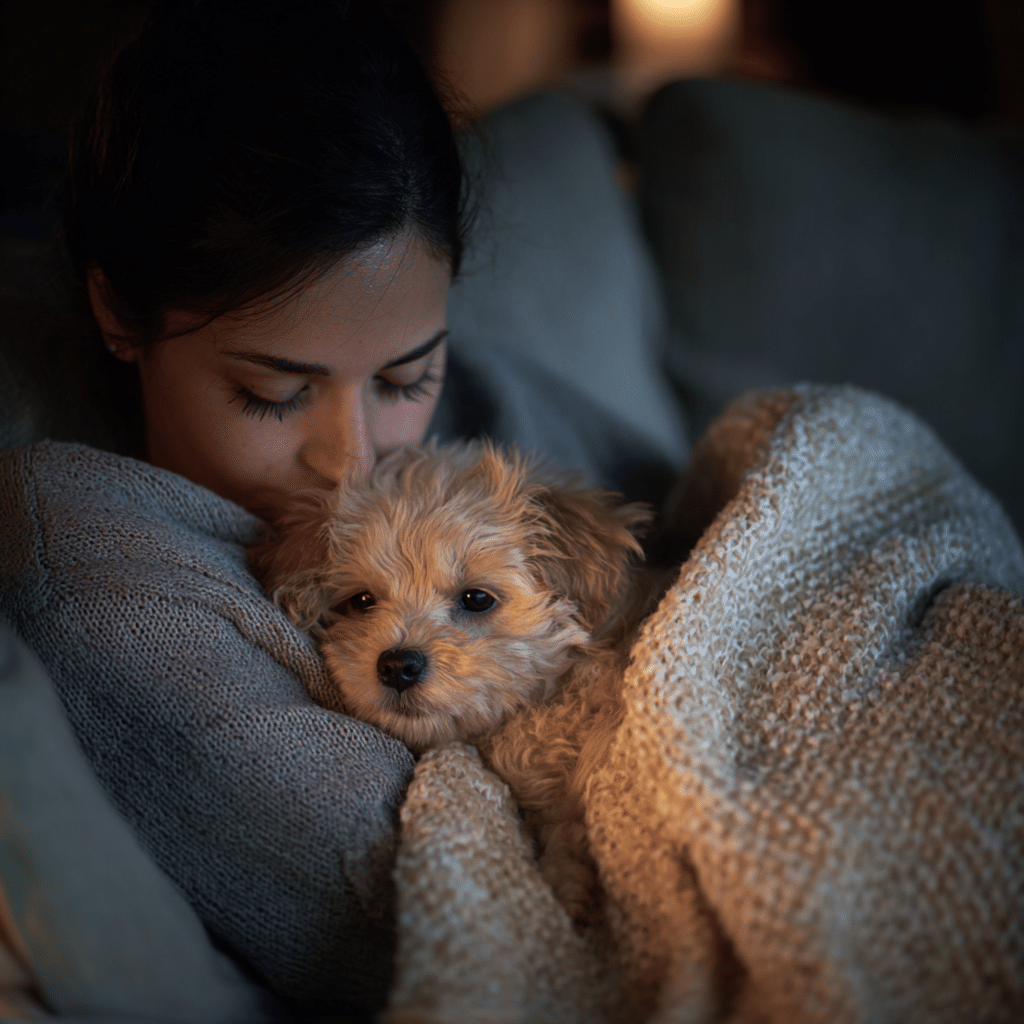 owner cuddling puppy before bedtime