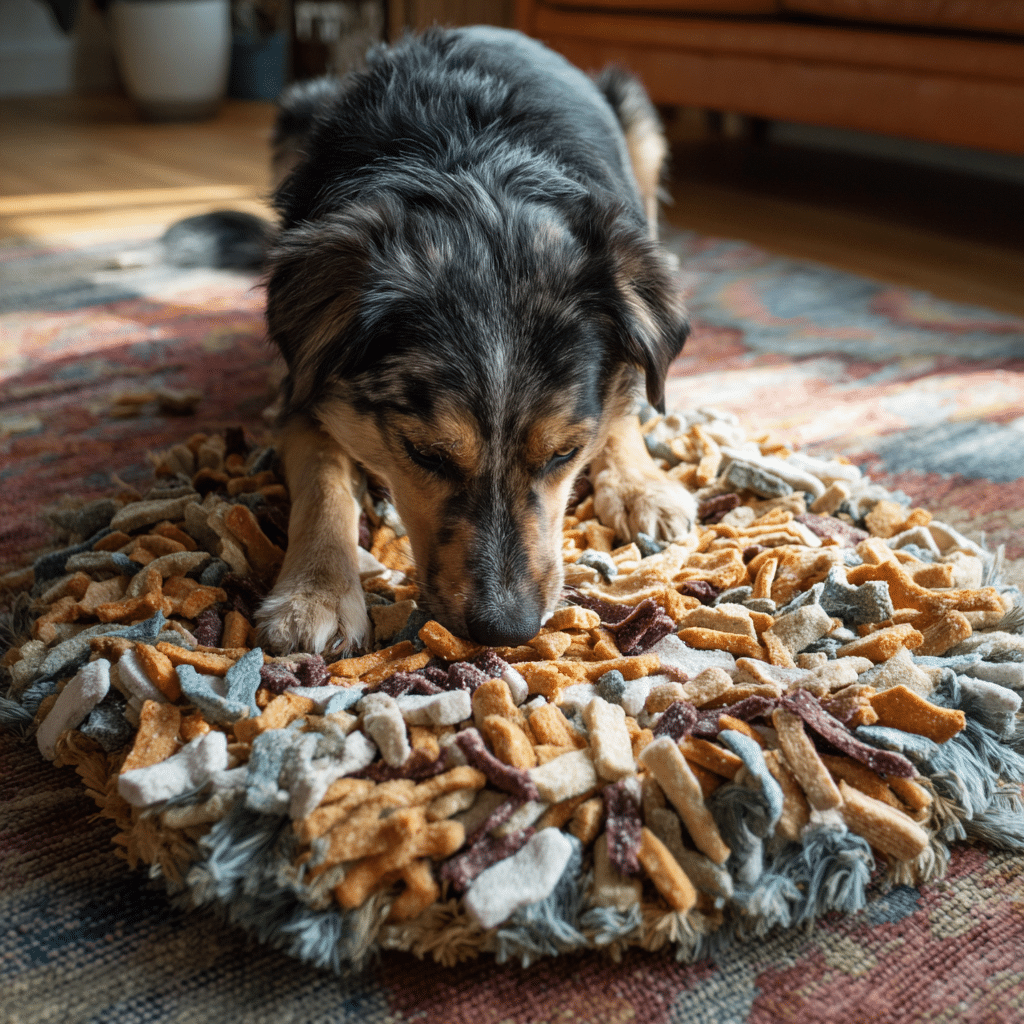 15 Proven Ways to Tire Out a Dog (Indoors, Outdoors & Without Walking) 4 Dog using snuffle mat for mental stimulation