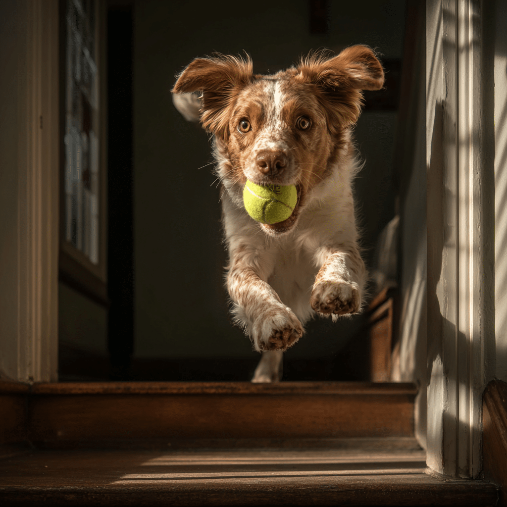 15 Proven Ways to Tire Out a Dog (Indoors, Outdoors & Without Walking) 3 Dog running upstairs to fetch toy