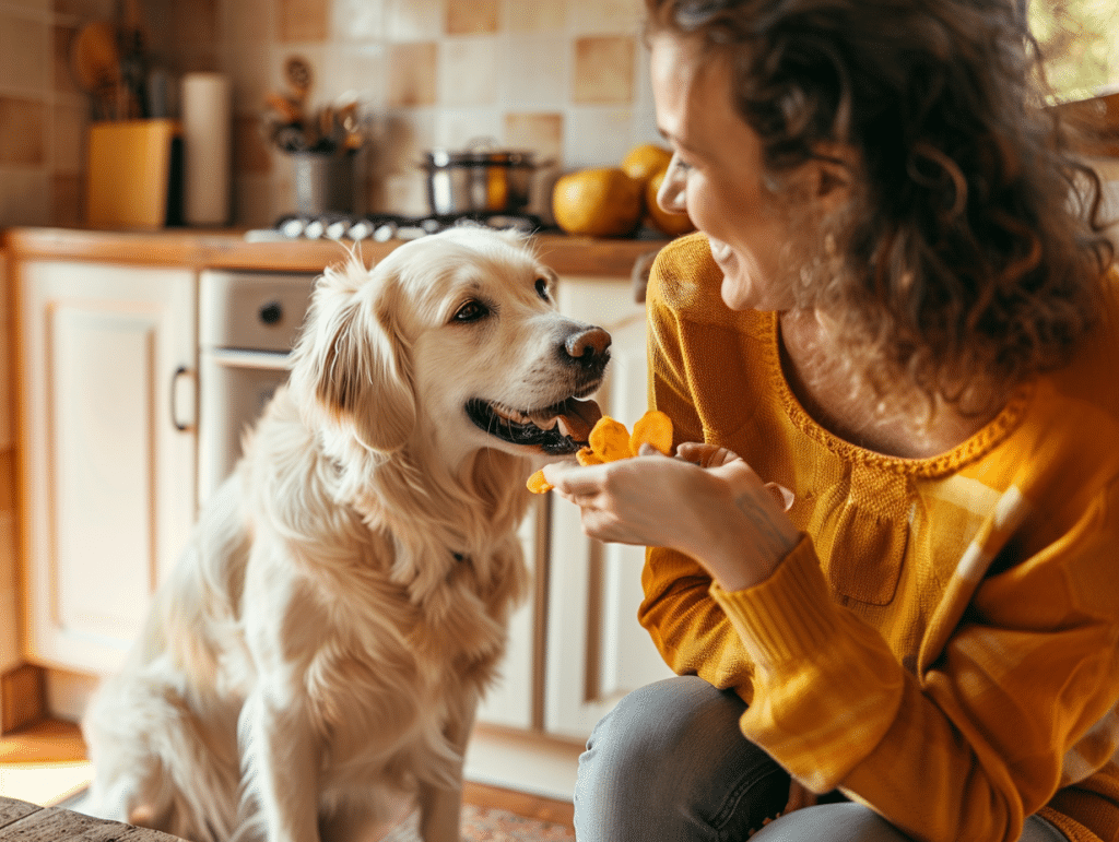 Sweet Potatoes for Dogs: The Ultimate Guide 6 Woman giving a homemade sweet potato treat to her dog