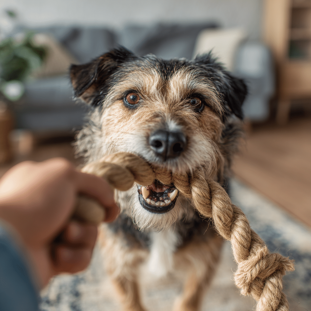 15 Proven Ways to Tire Out a Dog (Indoors, Outdoors & Without Walking) 7 Dog playing tug of war indoors